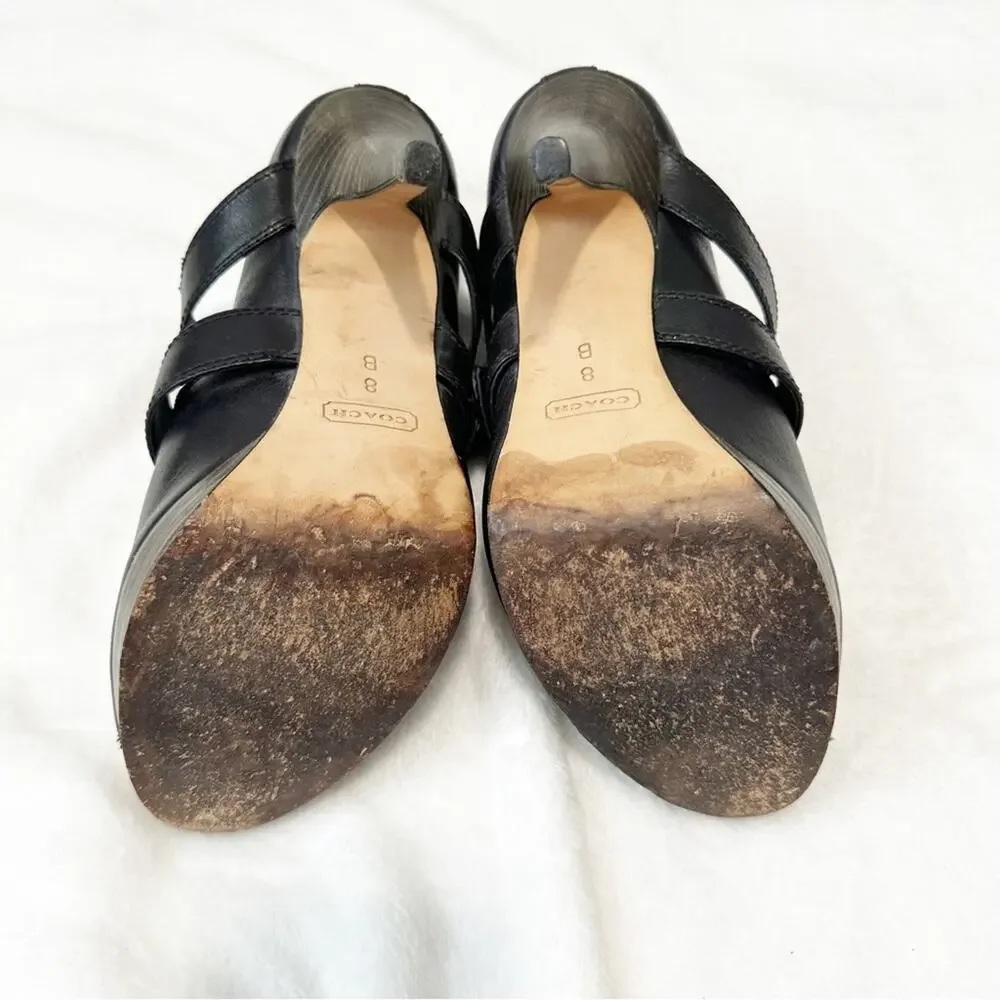 Coach Alexia black leather peep toe heels pumps size 8 sandals buckle - Picture 5 of 10